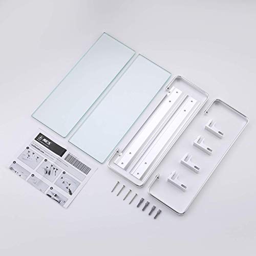 KES Estanterías para baño 35 x 12 cm (2 PISOS) Estante de vidrio para ducha, Vidrio templado Aluminio Montado en la Pared, Plateado A4126B