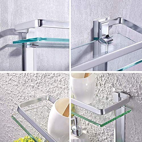 KES Estanterías para baño 35 x 12 cm (2 PISOS) Estante de vidrio para ducha, Vidrio templado Aluminio Montado en la Pared, Plateado A4126B