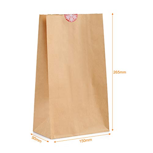 Kesote Conjunto de 48 Bolsa de Papel Kraft + 48 Pegatinas del Sello de Navidad Bolsa de Papel para Alimentos Bolsa, 27 x 15 x 9 CM