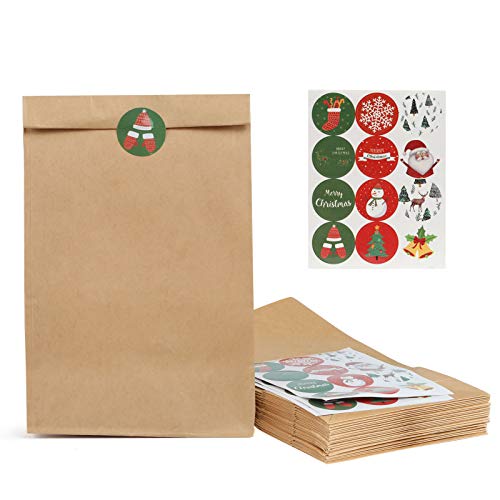 Kesote Conjunto de 48 Bolsa de Papel Kraft + 48 Pegatinas del Sello de Navidad Bolsa de Papel para Alimentos Bolsa, 27 x 15 x 9 CM