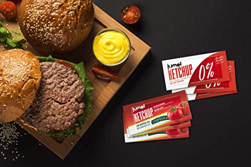 Ketchup JUMEL 0% AZUCARES AÑADIDOS. Caja 120 Sobres de 10 gramos. Formato monodosis. Disfruta de tus platos con un mínimo aporte calórico y sin grasas.