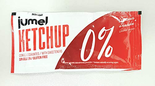 Ketchup JUMEL 0% AZUCARES AÑADIDOS. Caja 120 Sobres de 10 gramos. Formato monodosis. Disfruta de tus platos con un mínimo aporte calórico y sin grasas.