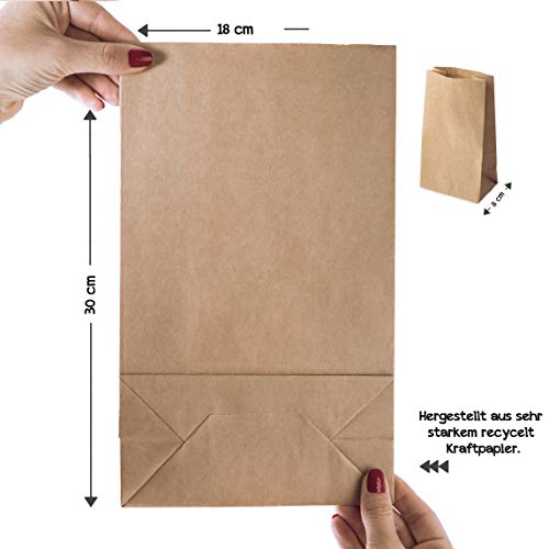 kgpack 50x Bolsas de Papel Kraft DIY 18 x 30 x 8 cm | Bolsas de Papel Kraft para niños | Calendario de adviento | Bolsa de Regalo de Fondo Plano | Bolsa de Papel de Alimentos