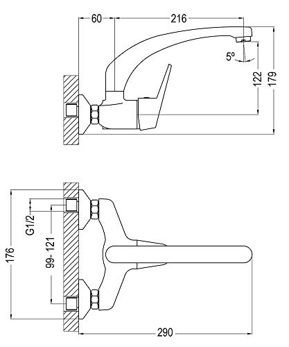 Kibath Grifo monomando de cocina fregadero BAT de pared con caño largo giratorio, Fabricado en latón con acabados en cromo brillo, Distancia entre las tomas de 11 cm, Repuestos garantizados