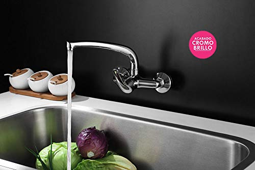 Kibath Grifo monomando de cocina fregadero BAT de pared con caño largo giratorio, Fabricado en latón con acabados en cromo brillo, Distancia entre las tomas de 11 cm, Repuestos garantizados