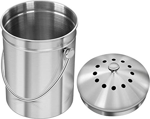 KICHLY 5 litros Cubo de Basura Acero Inoxidable para encimera de Cocina - Cubeta de Compost - Incluye 1 Filtro de carbón de Repuesto