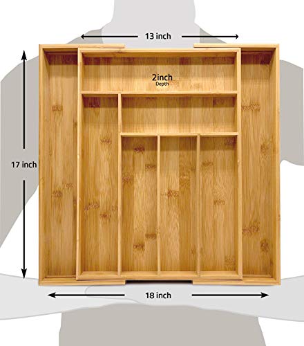 KICHLY Organisateur de Bambou de tiroir Extensible - Plateau à couverts en bamboupour - Idéal pour la cuisine, la ustensiles, la maison et le bureau - 8 compartiments - Approuvé FDA et FSC