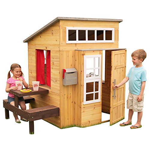 KidKraft- Casa de jardín moderna de madera para niños, incluye cocina de juego y accesorios, Color Natural (182)