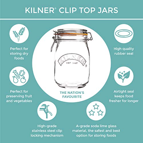 Kilner 0025.513 - Tarro para conservas, mermeladas, base cuadrada y tapa de clip, capacidad: 2 litros