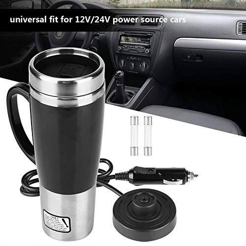 KIMISS 450ML 12V/24V Hervidor de acero inoxidable del coche Hervidor de agua de eléctrica en el coche - Hervidores de bebida de viaje Taza de café de viaje Botella de agua (Mug Negro)(12V)