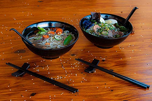 Kimmyer 2 Set (6 Piezas) Ramen Bowl Set-asiático Japonés Estilo con cucharas Palillos-Restaurante Calidad melamina Pho | Fideos | El Udon | Vajilla tailandesa para Cualquier Comida de Sopa