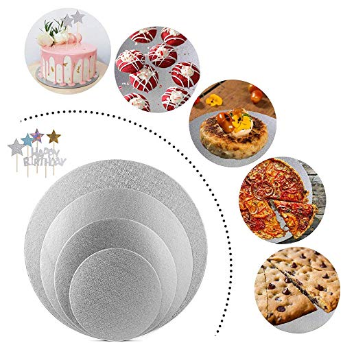 KINDPMA 4 Piezas Bases de Cartón Redondas para Tartas 15 20 25 30CM Cake Board 2MM Almohadilla de Tarta de Pisos con 4pcs Toppers de Tarta para Tarta DIY Plata