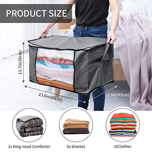 king do way 4PCS Bolsa de Almacenamiento de Ropa de Gran Capacidad, Gruesa Plegable Organizador de Edredones Manta Ropa de Polvo con la Cremallera Robusta y Asa Reforzada 60 x 43 x 35 cm (Gris)