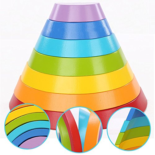 king do way 7pcs Apilador de Arco Iris de Madera Geometría Bloques de Construcción Juguete de Aprendizaje Preescolar Puzzle Educativo para Niños Niño Niña