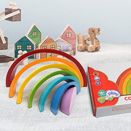 king do way 7pcs Apilador de Arco Iris de Madera Geometría Bloques de Construcción Juguete de Aprendizaje Preescolar Puzzle Educativo para Niños Niño Niña