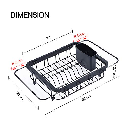 Kingrack Escurreplatos para fregadero, escurreplatos extensible negro con soporte para cubiertos extraíble, soporte de vidrio, escurreplatos en el fregadero o en la encimera, escurreplatos para cocina