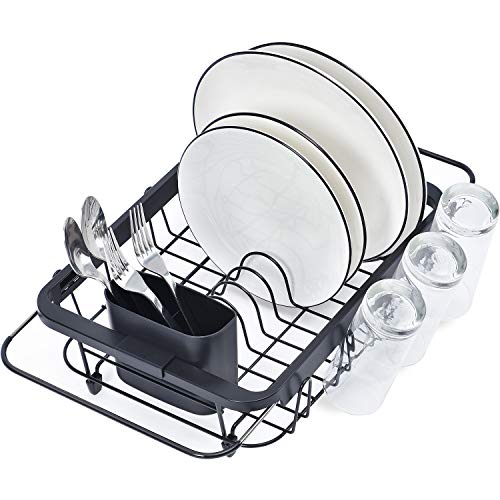 Kingrack Escurreplatos para fregadero, escurreplatos extensible negro con soporte para cubiertos extraíble, soporte de vidrio, escurreplatos en el fregadero o en la encimera, escurreplatos para cocina