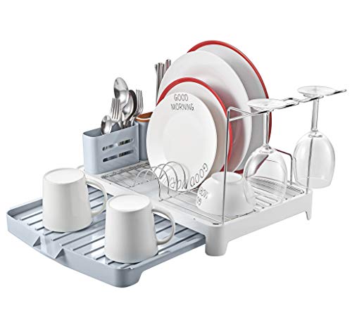 Kingrack escurreplatos rejilla de secado de platos de acero inoxidable con bandeja de goteo expansible,soporte para cubiertos, soporte para copa de vino de bricolaje para cocina ukwk112051