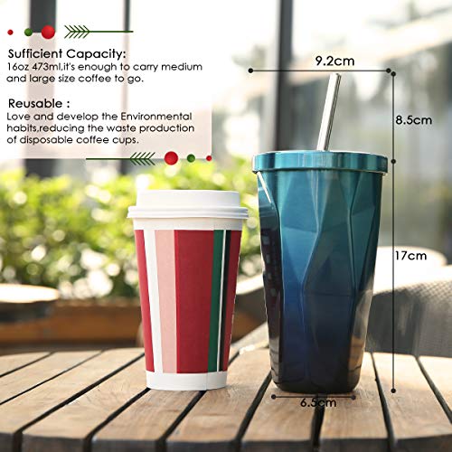 KINGSO Termo Taza 480 ml, Vaso Termico de Viaje con Pajita y Tapa a Prueba de Fugas, Taza de Café Cerveza e Acero INOX 18/8 con Aislamiento al Vacío para Bebidas Frías o Calientes Azul