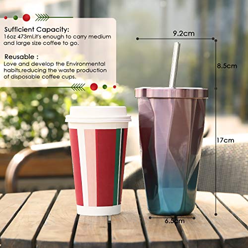 KINGSO Termo Taza 480 ml, Vaso Termico de Viaje con Pajita y Tapa a Prueba de Fugas, Taza de Café Cerveza e Acero INOX 18/8 con Aislamiento al Vacío para Bebidas Frías o Calientes