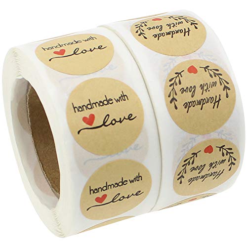 KingYH 1000 Piezas Etiqueta de Papel Kraft Hechas a Mano con Pegatinas de Amor Redondas Etiqueta Autoadhesiva para Navidad Boda Decoración Panadería Bolsas de Regalo Sobre Caja de Dulces