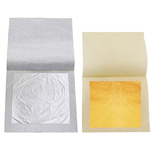 KINNO Pan de Oro y Plata Comestible Auténtico 20 hojas para Maquillaje, Decoración de Pasteles y Chocolates, SPA y Salud (10 hojas de oro de 4.33cm &10 hojas de plata de 6cm)