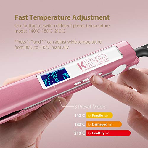 KIPOZI Pro Plancha de Pelo, Planca in Titanio con Temperatura Ajustable y Pantalla LCD Digital - Alisa & Riza Todo Tipo de Cabello, Dual Voltaje para Viajes y Apagado Automático(Oro Rosa)