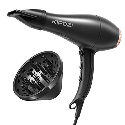 KIPOZI Secador de Pelo Profesional 2200W, Secador Iónico con Difusor y Concentrador, Tiempo de Secado Rápido, Negro