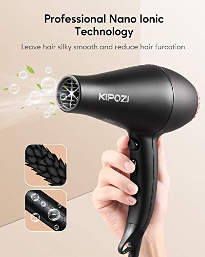 KIPOZI Secador de Pelo Profesional 2200W, Secador Iónico con Difusor y Concentrador, Tiempo de Secado Rápido, Negro