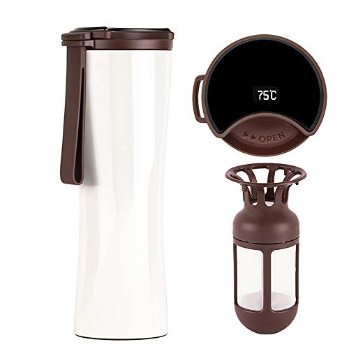 KISS KISS FISH Taza de Viaje, Termo Taza Café 430ml, Botella Agua Acero Inoxidable, Pantalla OLED Táctil Inteligente con Temperatura, Aislamiento de Vacío de Doble Pared, para Correr, Ciclismo(Blanco)