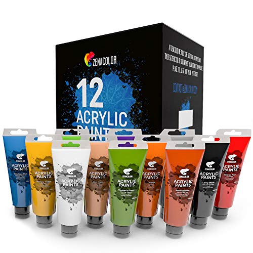 Kit de 12 Pinturas Acrílicas, 12 Tubos de 120ml, 12 Colores Zenacolor - Pinturas para Lienzo, Maderas, Ocios Creativos, tanto para Adultos como para Niños.