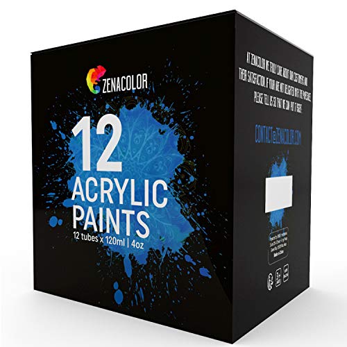 Kit de 12 Pinturas Acrílicas, 12 Tubos de 120ml, 12 Colores Zenacolor - Pinturas para Lienzo, Maderas, Ocios Creativos, tanto para Adultos como para Niños.