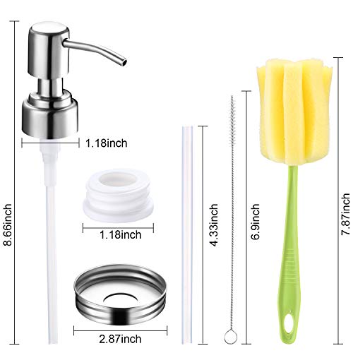 Kit de 2 Tapas de Dispensador de Jabón Mason Jar Dispensador de Loción de Acero Inoxidable Accesorios de Baño a Prueba de Herrumbre con Esponja y Cepillos de Limpieza de Pajitas Tazas