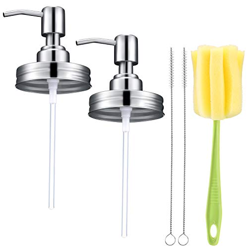 Kit de 2 Tapas de Dispensador de Jabón Mason Jar Dispensador de Loción de Acero Inoxidable Accesorios de Baño a Prueba de Herrumbre con Esponja y Cepillos de Limpieza de Pajitas Tazas