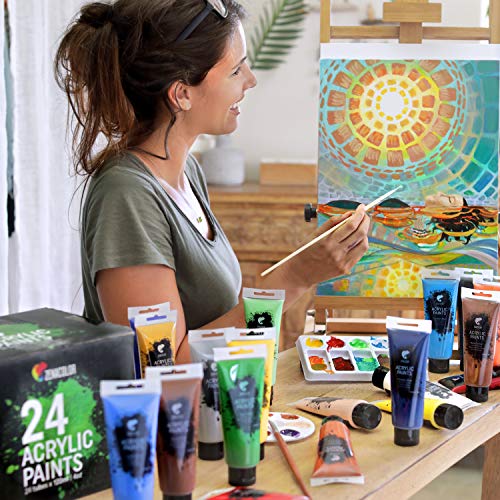 Kit de 24 Pinturas Acrílicas, 24 Tubos de 120ml, 24 Colores Zenacolor - Pinturas para Lienzo, Maderas, Ocios Creativos, tanto para Adultos como para Niños.