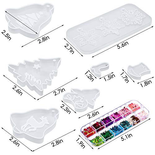 Kit de 7 Piezas Moldes de Resina Silicona de Navidad Molde de Fundición de Copo de Nieve DIY Molde de Dije de Navidad Molde de Epoxi de Reno con Lentejuelas de 12 Colores para Decoración Navideña DIY