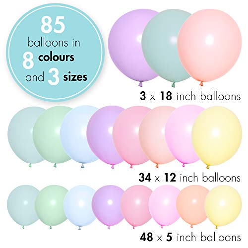 Kit de arco de globos de color pastel - 85 globos + cinta adhesiva para guirnaldas de 5m + pegamento + cinta | Variedad de tamaños y colores | Decoraciones para cumpleaños y fiestas de unicornios