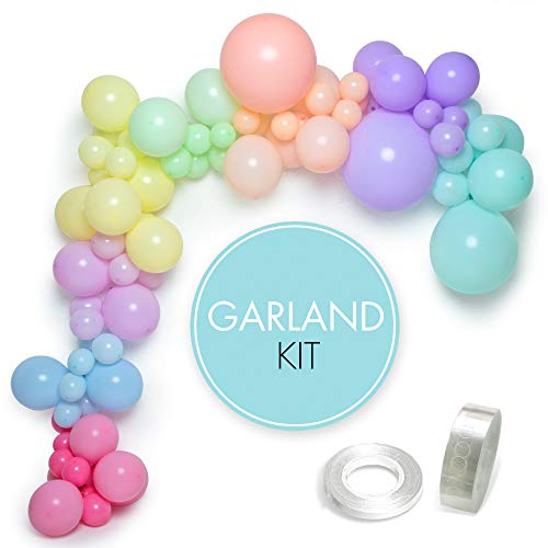 Kit de arco de globos de color pastel - 85 globos + cinta adhesiva para guirnaldas de 5m + pegamento + cinta | Variedad de tamaños y colores | Decoraciones para cumpleaños y fiestas de unicornios