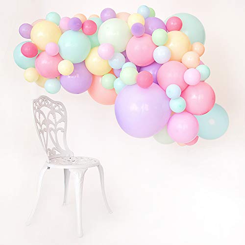 Kit de arco de globos de color pastel - 85 globos + cinta adhesiva para guirnaldas de 5m + pegamento + cinta | Variedad de tamaños y colores | Decoraciones para cumpleaños y fiestas de unicornios