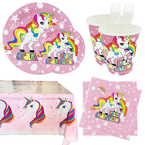 Kit de Artículos para Fiesta Cumpleaños Infantil Niña Unicornio - Vajilla Desechable Rosa y Decoración - Incluye Platos,Vasos,Mantel,Servilletas,Tenedores,Globos y Guirnalda - 16 Invitados