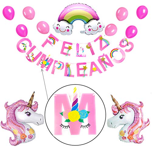 Kit de Artículos para Fiesta Cumpleaños Infantil Niña Unicornio - Vajilla Desechable Rosa y Decoración - Incluye Platos,Vasos,Mantel,Servilletas,Tenedores,Globos y Guirnalda - 16 Invitados