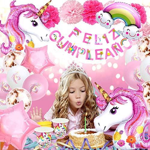 Kit de Artículos para Fiesta Cumpleaños Infantil Niña Unicornio - Vajilla Desechable Rosa y Decoración - Incluye Platos,Vasos,Mantel,Servilletas,Tenedores,Globos y Guirnalda - 16 Invitados