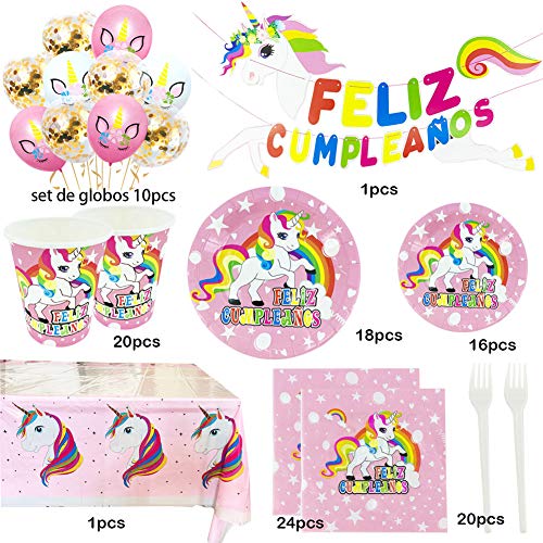 Kit de Artículos para Fiesta Cumpleaños Infantil Unicornio - Vajilla Desechable Rosa y Decoración - 110 Piezas Incluye Platos,Vasos,Mantel,Servilletas,Tenedores,Globos y Guirnalda - 16 Invitados