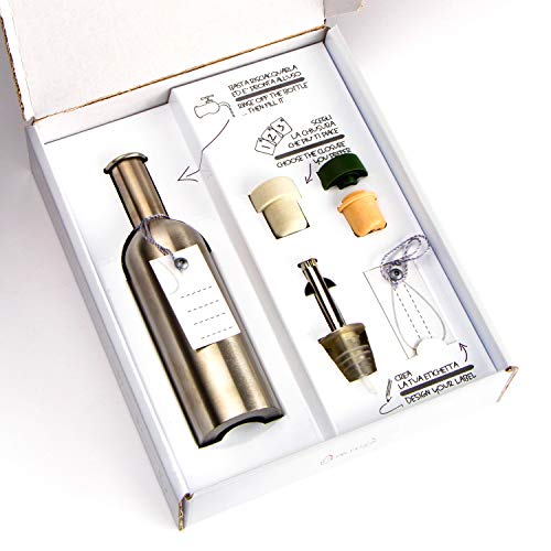 Kit de botella de acero inoxidable de 250 cc con tapones dosificadores de diferentes tipos y tarjetas personalizables, ecológico, perfecto como aceitera