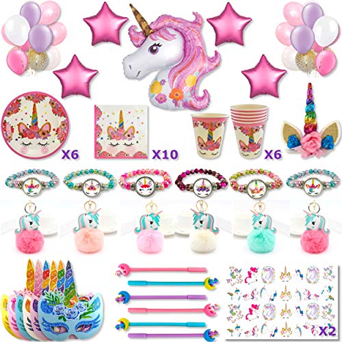 Kit de cumpleaños de unicornio para niña: decoración de pared (globos de báldruche, estrellas unicornio) y tarta, vajilla desechable (plato de vaso) juguete (tatuaje máscara pulsera llavero estilo)