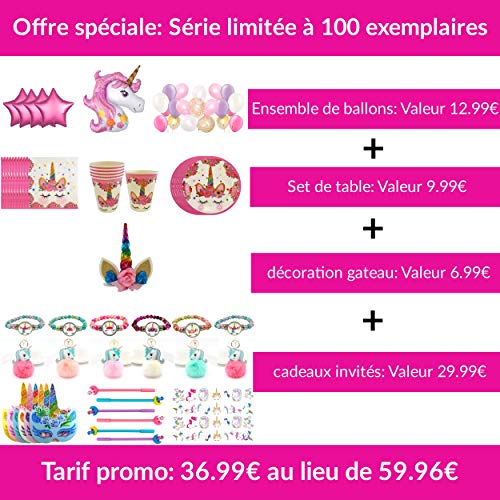 Kit de cumpleaños de unicornio para niña: decoración de pared (globos de báldruche, estrellas unicornio) y tarta, vajilla desechable (plato de vaso) juguete (tatuaje máscara pulsera llavero estilo)