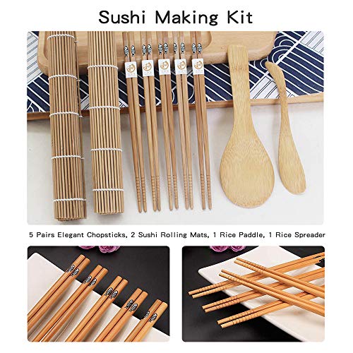 Kit de fabricación de sushi de bambú, 9 piezas, alfombrilla de bambú para sushi, incluye 2 alfombrillas de bambú para rodar, 5 pares de palillos de picar, 1 pala de arroz, 1 separador de arroz