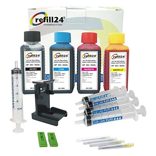 Kit de Recarga para Cartuchos de Tinta HP 302, 302 XL Negro y Color, Incluye Clip y Accesorios + 400 ML Tinta