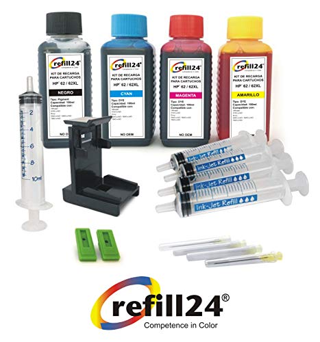 Kit de Recarga para Cartuchos de Tinta HP 62, 62 XL Negro y Color, Incluye Clip y Accesorios + 400 ML Tinta