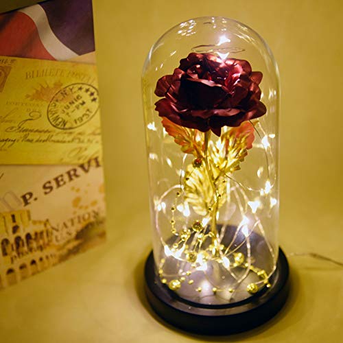 Kit de Rosas La Bella y la Bestia, Hoja de Oro Rojo Rosa y luz LED con Cuentas de Oro en cúpula de Vidrio en Base de Madera para decoración del hogar Boda de cumpleaños Día de la Madre